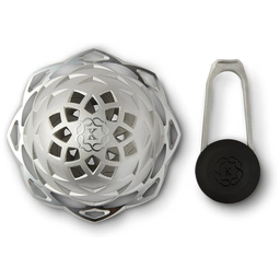 Kaloud Lotus II heat management device in silver with matching key, top view showing the ventilated flower pattern design