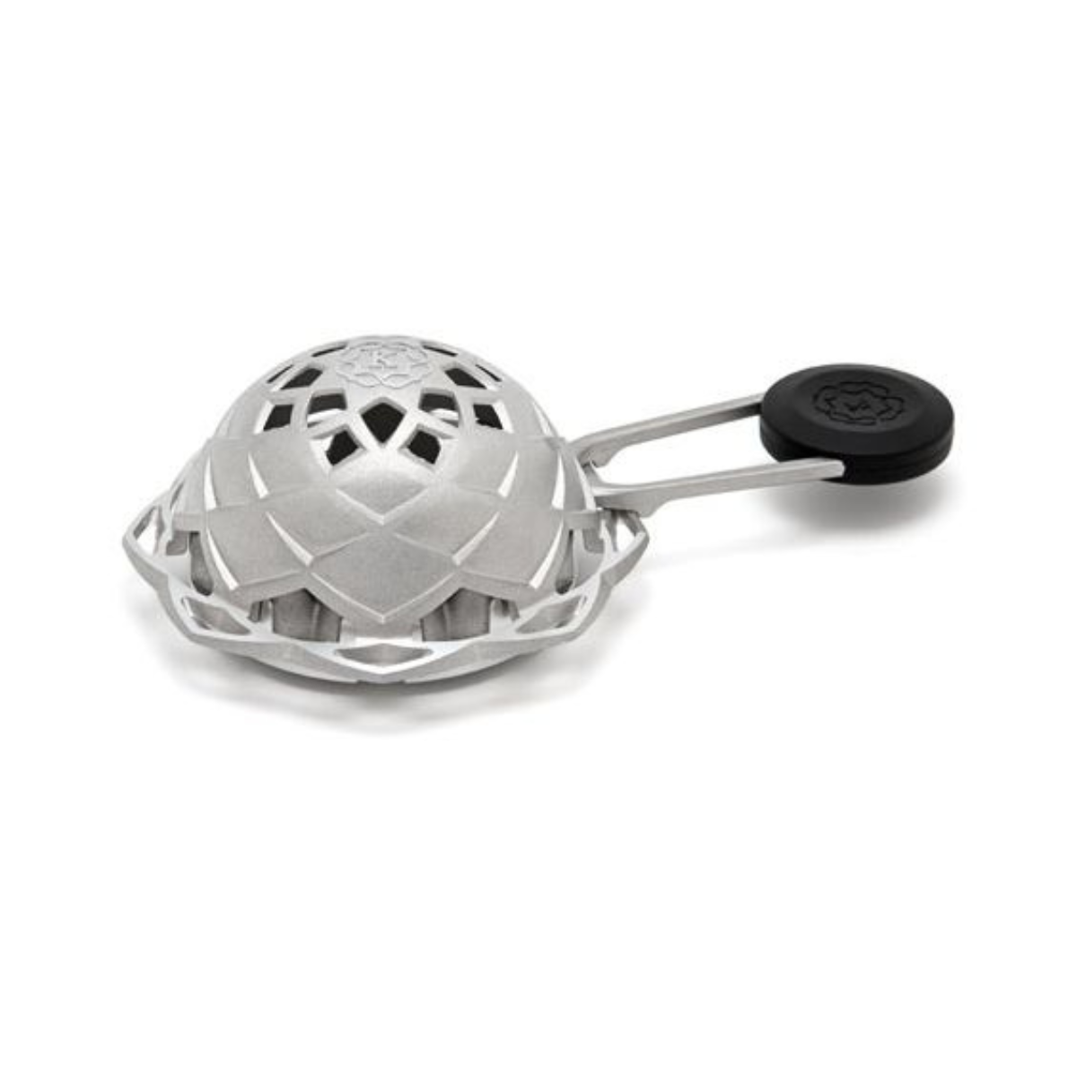 Kaloud Lotus II heat management device in silver, side angle view showing the domed vented top and folding key handle