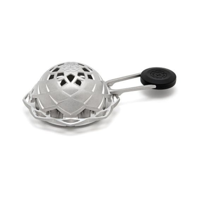 Kaloud Lotus II heat management device in silver, side angle view showing the domed vented top and folding key handle
