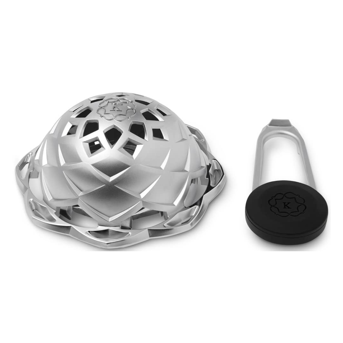 Kaloud Lotus II heat management device in silver with key, angled view highlighting the woven diamond cut pattern on the dome