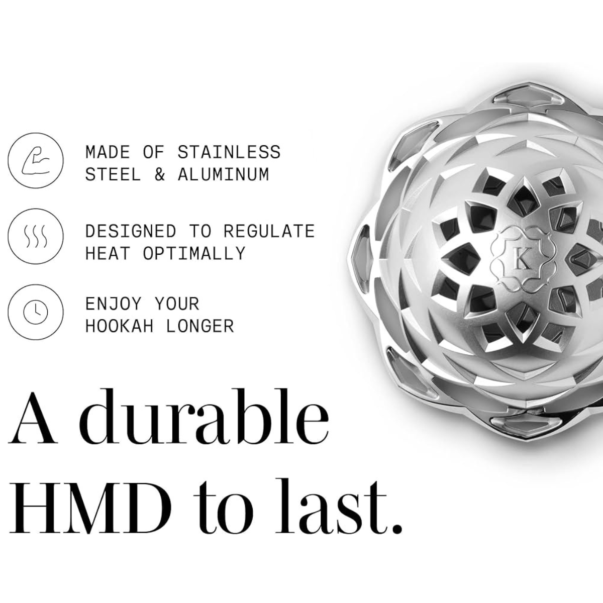 Kaloud Lotus II infographic listing key features: made of stainless steel and aluminum, designed to regulate heat optimally, enjoy your hookah longer, a durable heat management device to last