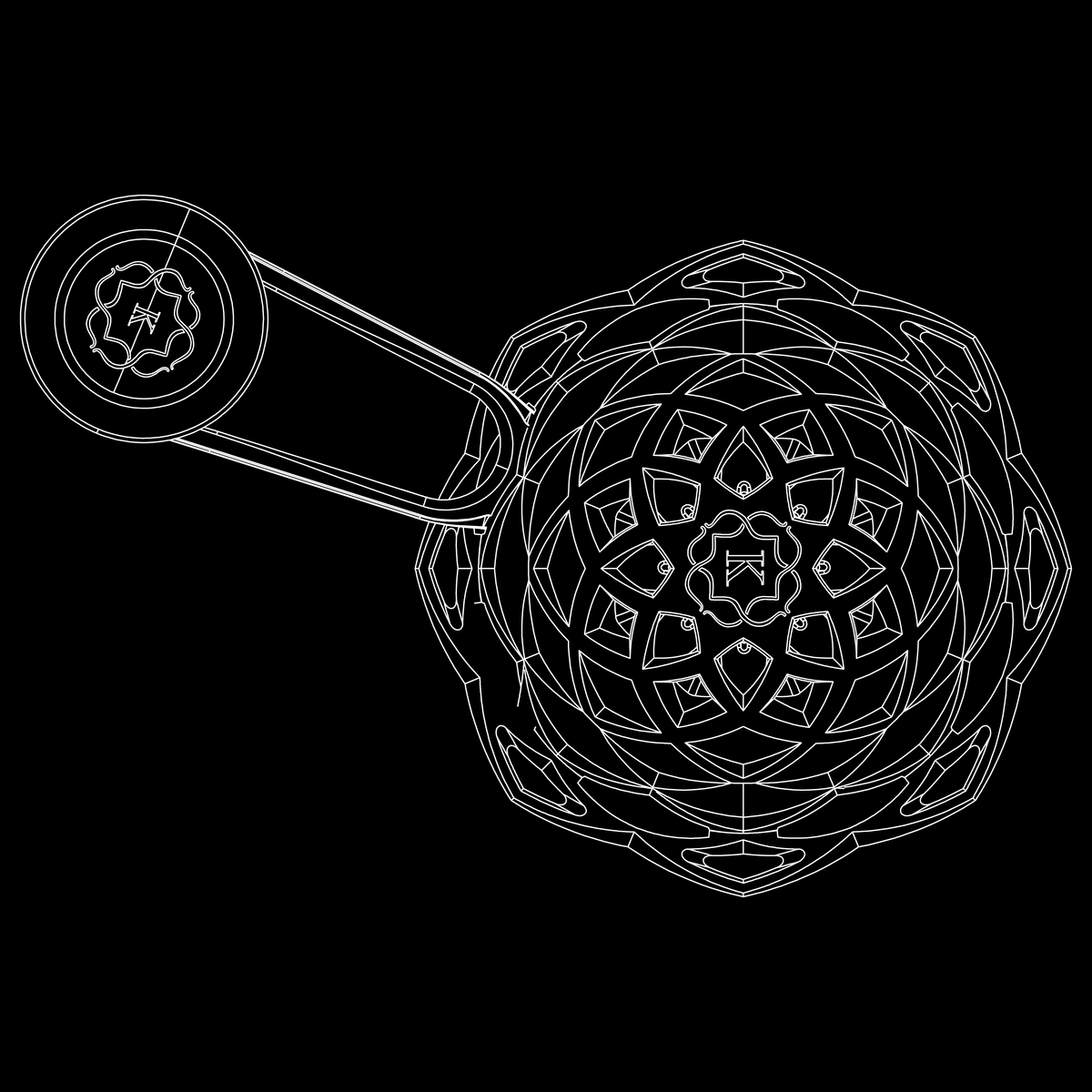 White line art wireframe render of the Kaloud Lotus II heat management device and key on a black background